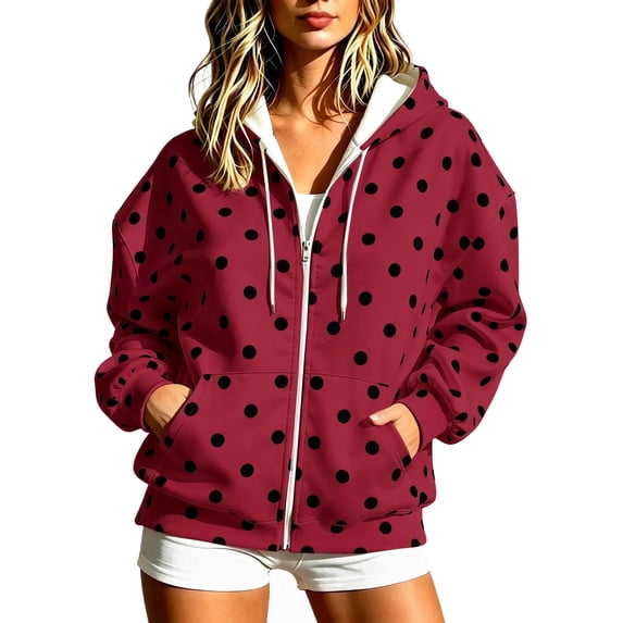Raeneomay Women's Polka Dot Hoodie - Zip Up Long Sleeve Pocket Jacket S-XXXL