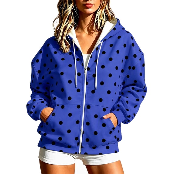 Raeneomay Women's Polka Dot Hoodie - Zip Up Long Sleeve Pocket Jacket S-XXXL
