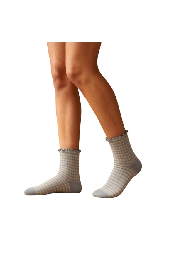 Women's Ruffle Crew Socks Gingham Plaid Checkered Scalloped Cuff Fits Shoe Size 5-9 for Spring Fall Summer Daily Wear