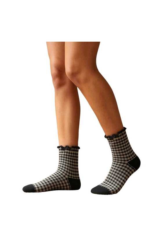 Women's Ruffle Crew Socks Gingham Plaid Checkered Scalloped Cuff Fits Shoe Size 5-9 for Spring Fall Summer Daily Wear