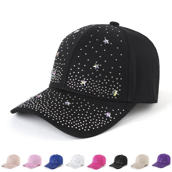 Raeneomay Women's Star Rhinestone Bling Baseball Cap, Sparkly Adjustable Everyday Wear Sun Hat