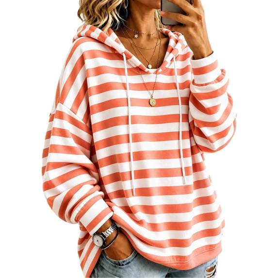Raeneomay Women's Striped Hoodie - Drawstring Long Sleeve Pullover Top