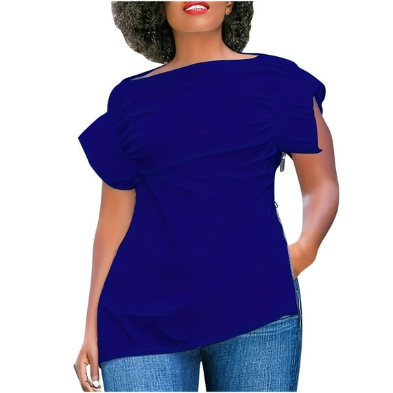 Raeneomay Women's T Shirt Puff Sleeve Top Women's Casual Round Neck Puff Short-Sleeved Solid Short T-Shirt Zipper Tops