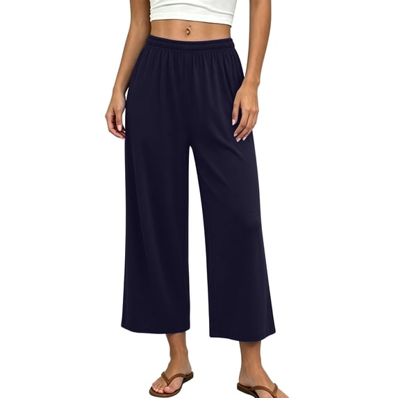 Raeneomay Women's Wide Leg Sleep Pants All Season Cropped Elastic Waist Soft Lounge Pajama Pants