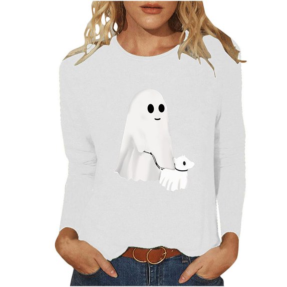 Raeneomay Womens Tops Long Sleeve Shirts for Women 2024 Halloween Casual Printed Round Neck Tops/Shirt