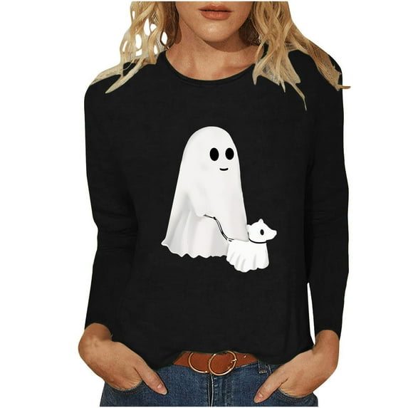 Raeneomay Womens Tops Long Sleeve Shirts for Women 2024 Halloween Casual Printed Round Neck Tops/Shirt