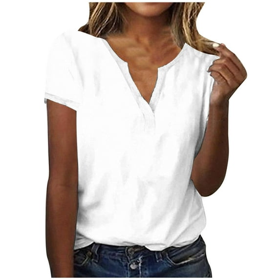 Raeneomay Womens Tunic Tops Summer Fashion Solid Color V-Neck Casual Short Sleeved Top Short Sleeved V-Neck Top/Shirt