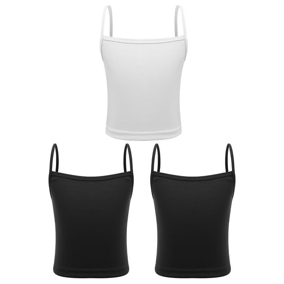 Raenseen 3 Piece Kids Girls Spaghetti Straps Dance Tank Top Dry Fit Athletic Camisole Running Fitness Black&Black&White XL