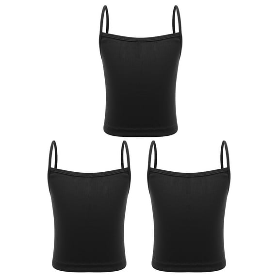 Raenseen 3 Piece Kids Girls Spaghetti Straps Dance Tank Top Dry Fit Athletic Camisole Running Fitness Black L
