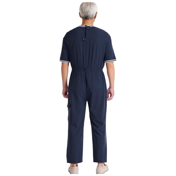 Raenseen Adaptive Clothing for Men with Alzheimer, Easy Dressing Back Zipper Jumpsuit Comfort Daily Wear Navy Blue L