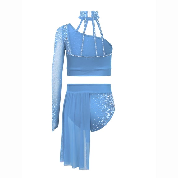 Raenseen Big Girls Ballet Dance Gymnastics Outfits Two-Piece Jazz Lyrical Dancewear Crop Tops with Irregular Skirt Light Blue 16