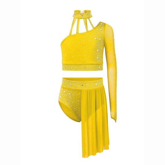 Raenseen Big Girls Ballet Dance Gymnastics Outfits Two-Piece Jazz Lyrical Dancewear Crop Tops with Irregular Skirt Yellow 6
