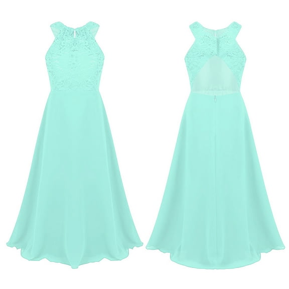Raenseen Big Girls Floral Lace Party Wedding Prom Long Chiffon Dress Bridesmaid Dance Ball Maxi Gown Mint Green 6