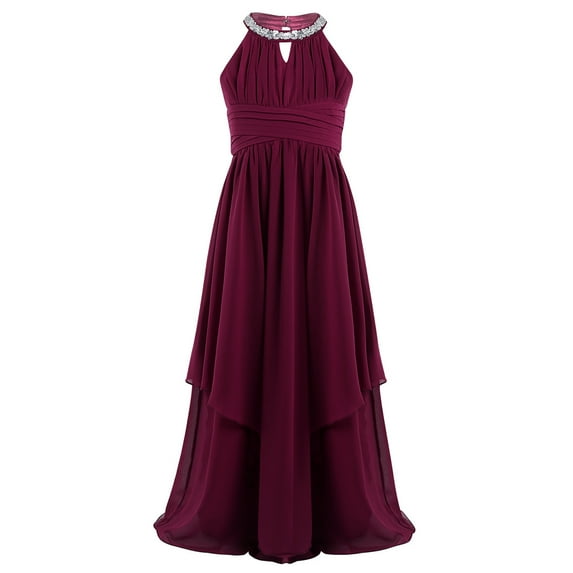Raenseen Big Girls Sleeveless Sequined Halter Flower Girl Dress Chiffon Wedding Bridesmaid Dresses Burgundy 8