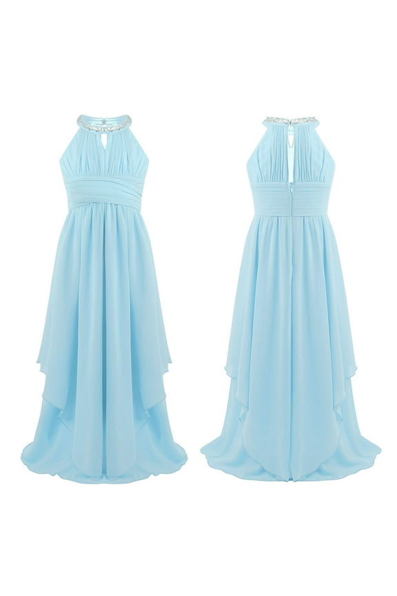 Big Girls Sleeveless Sequined Halter Flower Girl Dress Chiffon Wedding Bridesmaid Dresses Light Blue 10