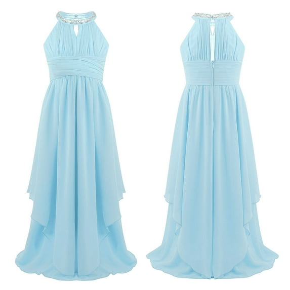 Raenseen Big Girls Sleeveless Sequined Halter Flower Girl Dress Chiffon Wedding Bridesmaid Dresses Light Blue 12