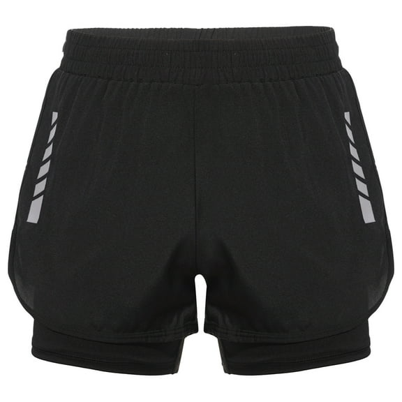 Raenseen Boys 2 in 1 Sports Shorts Double Layer Booty Shorts with Compression Liner Short Leggings Black M