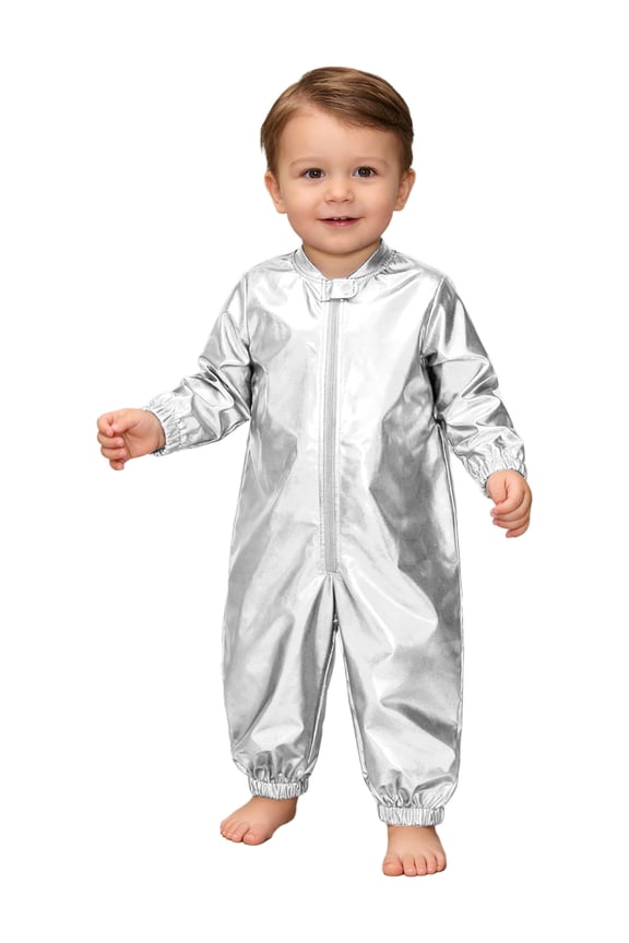 Boys Girls Metallic Shiny Long Sleeve Zipper Disco Dance Jumpsuit Silver 3-6M