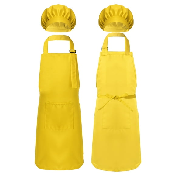 Raenseen Children Kids Apron and Chef Hat Set, Adjustable Cooking Baking Apron with Pockets, Baking, Yellow M