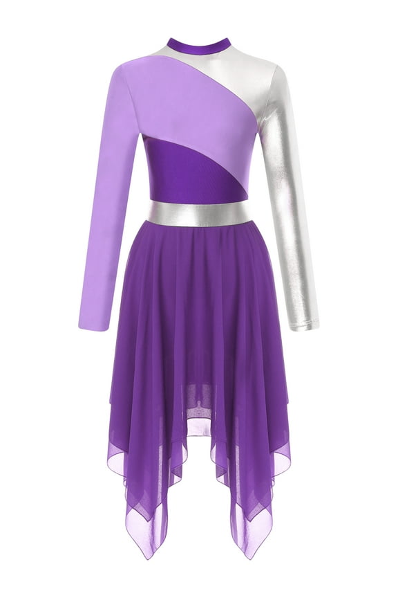 Church Liturgical Praise Dance Tunic for Women Long Sleeve Bell Metallic Block Lyrical Purple XL