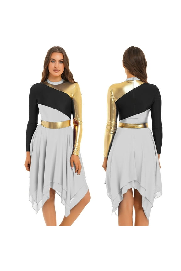 Church Liturgical Praise Dance Tunic for Women Long Sleeve Bell Metallic Block Lyrical White XL