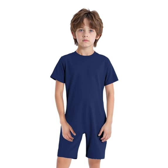 Raenseen Girls Boys Special Needs Romper Adaptive Clothing Short Sleeve Back Invisible Zipper Jumpsuit Dark Blue 16