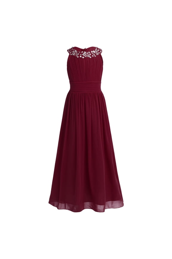 Girls Chiffon Sleeveless Pageant Prom Party Wedding Bridesmaid Flower Girl Dress Burgundy 14