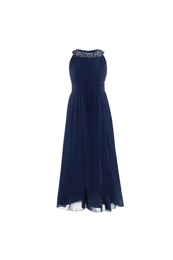 Girls Chiffon Sleeveless Pageant Prom Party Wedding Bridesmaid Flower Girl Dress Dark Navy 8