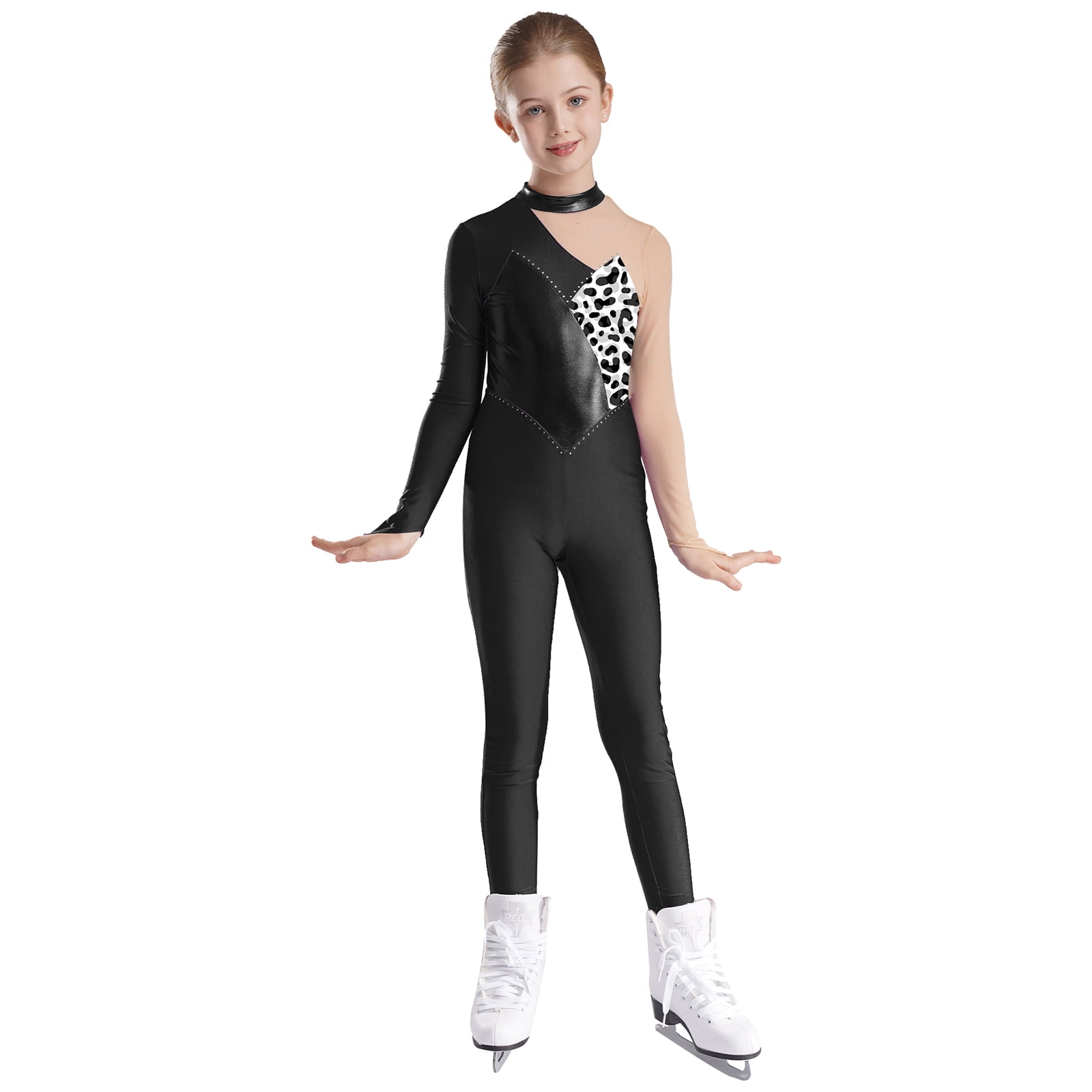 Raenseen Girls Figure Ice Skating Leotard Full Length Unitard Kids Mesh