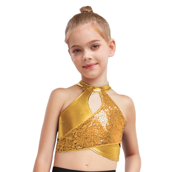 Raenseen Girls Jazz Latin Dance Tank Crop Top Sleeveless T-Shirt Sparkle Camisole Vest Modern Hip Hop Clothes Gold 12