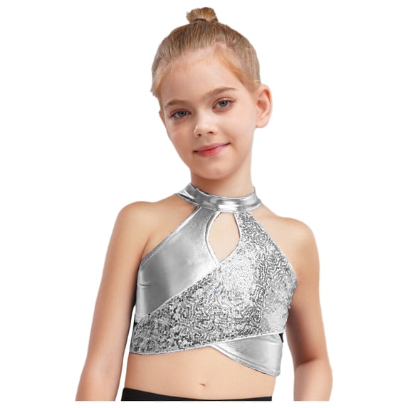 Raenseen Girls Jazz Latin Dance Tank Crop Top Sleeveless T-Shirt Sparkle Camisole Vest Modern Hip Hop Clothes Silver 12