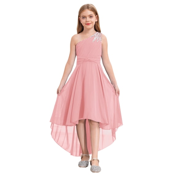 Raenseen Girls Kids One Shoulder Shiny Beaded Flower Girl Dress Pageant Wedding Birthday Prom Princess Party Gown Pink 14