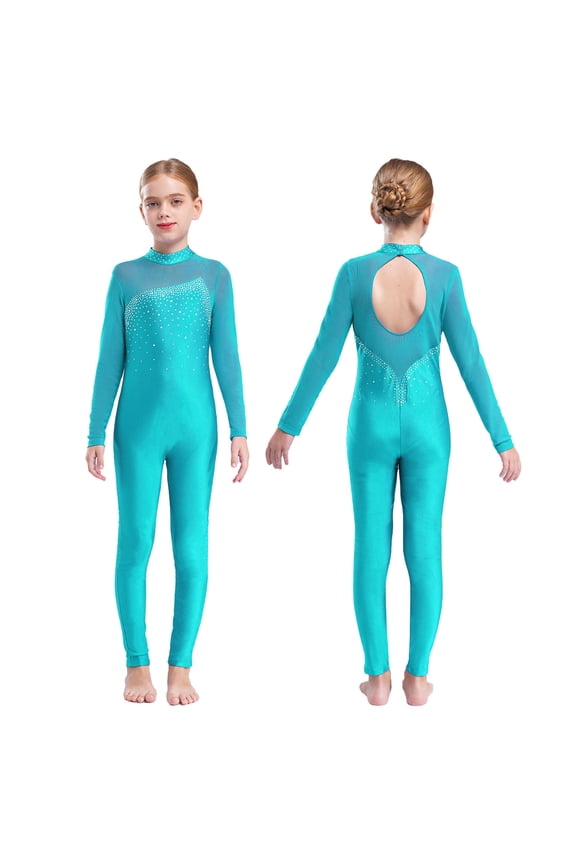 Girls Kids Skating Jumpsuit Full Body Dance Unitard Long Sleeve Bodysuit One Piece Gymnastics Leotards Lake Blue 8