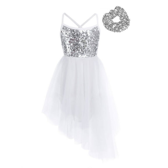Raenseen Girls Kids Sleeveless Shiny Sequins Dance Leotard Dresses with Hair Tie Lyrical Latin Ivory M