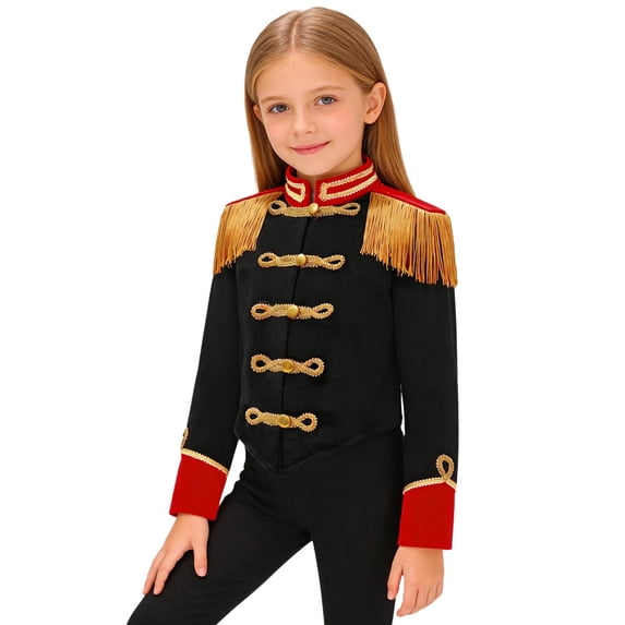 Raenseen Girls Long Sleeve Fringe Tassel Epaulet Jacket Black 10