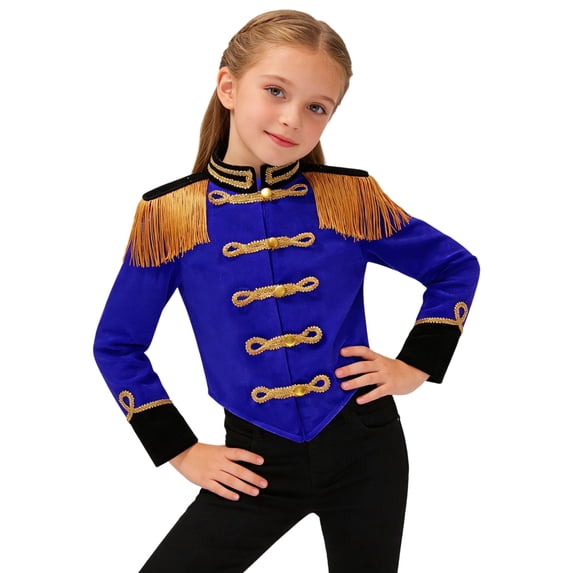 Raenseen Girls Long Sleeve Fringe Tassel Epaulet Jacket Blue 12