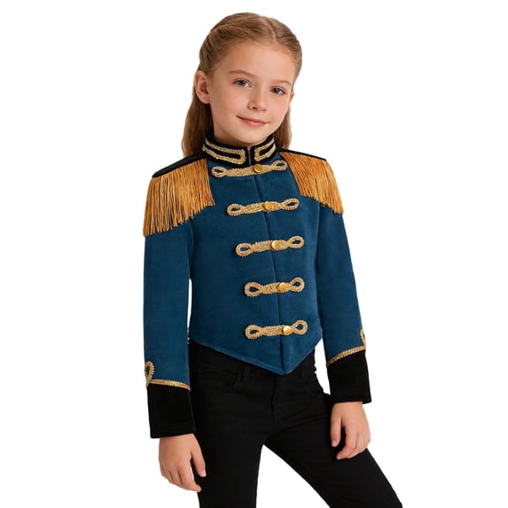Raenseen Girls Long Sleeve Fringe Tassel Epaulet Jacket Peacock Blue 12
