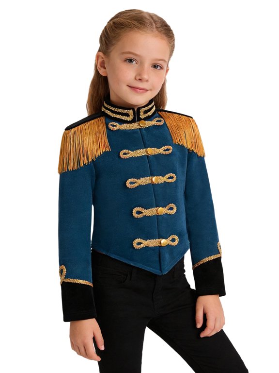 Girls Long Sleeve Fringe Tassel Epaulet Jacket Peacock Blue 4