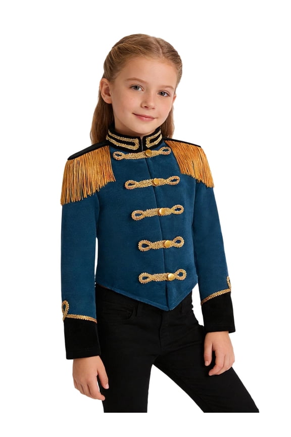 Girls Long Sleeve Fringe Tassel Epaulet Jacket Peacock Blue 4