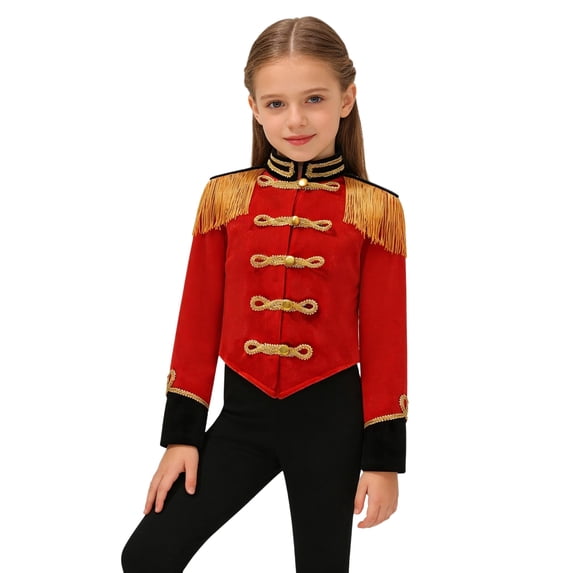 Raenseen Girls Long Sleeve Fringe Tassel Epaulet Jacket Red 4