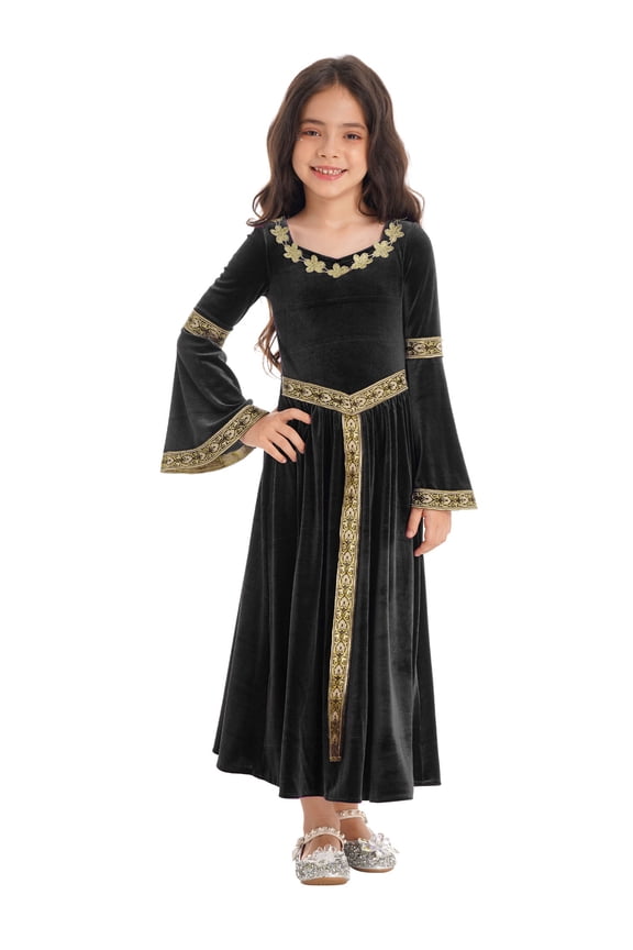 Girls Medieval Velvet Dress Long Flare Sleeve Retro Patterned Band Dresses Black 6