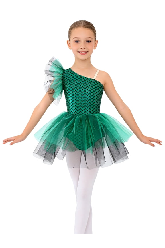 Girls Mermaid Fish Scales Print Tutu Ballet Dance Performance Dress Green 6
