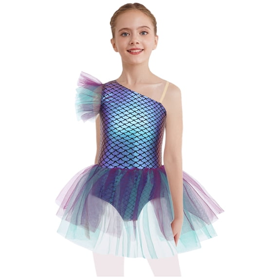 Raenseen Girls Mermaid Fish Scales Print Tutu Ballet Dance Performance Dress Purple 6