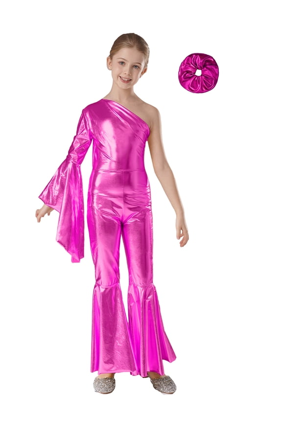 Girls Metallic Flare Long Sleeve Dance Gymnastics Unitard Jumpsuit Foil Full Body Tank Bodysuit Hot Pink 8