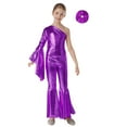 thumbnail image 1 of Raenseen Girls Metallic Flare Long Sleeve Dance Gymnastics Unitard Jumpsuit Foil Full Body Tank Bodysuit Purple 14, 1 of 6