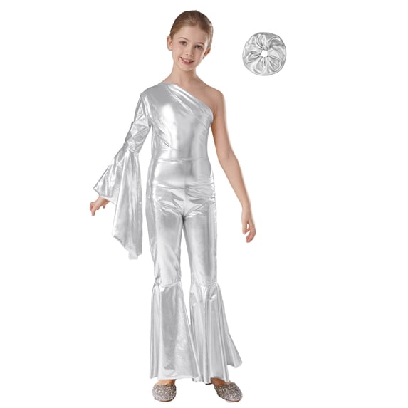 Raenseen Girls Metallic Flare Long Sleeve Dance Gymnastics Unitard Jumpsuit Foil Full Body Tank Bodysuit Silver 10