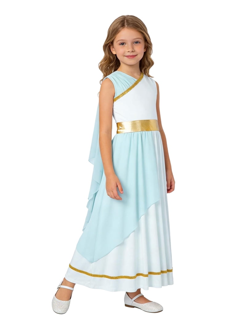 Raenseen Girls Princess Roman Grecian Gown Dress Shawls Flowy Ballet Tulle Maxi Dress Light Blue 12, Girl's, Gold