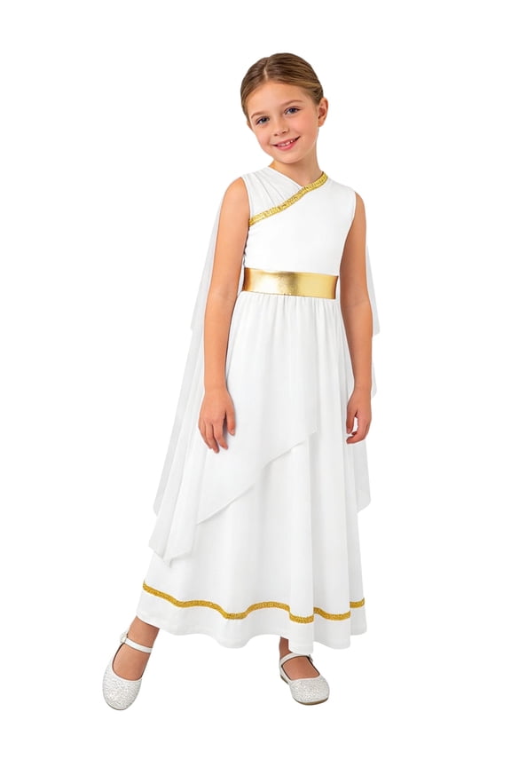 Girls Princess Roman Grecian Gown Dress Shawls Flowy Ballet Tulle Maxi Dress White 6