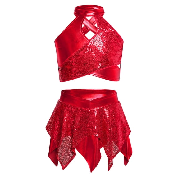 Raenseen Girls Sequin Jazz Dance Outfits Sleeveless Halter Crop Top with Flared Skirt Salsa Samba Ballroom Performance Wear Red 16