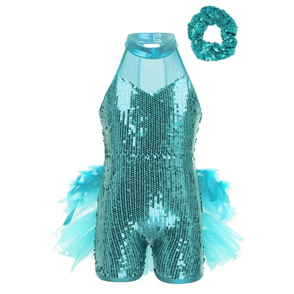 Raenseen Girls Sequins Ballet Leotard Dance Costume Jazz/Latin Modern Performance Dance Dress with Hair Tie Light Blue 6